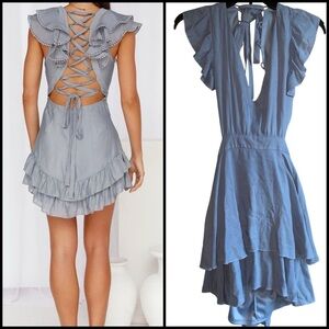 Altar’d State Corset Lace Up Open Back Blue Ruffled Tiered Coquette Dress Size S